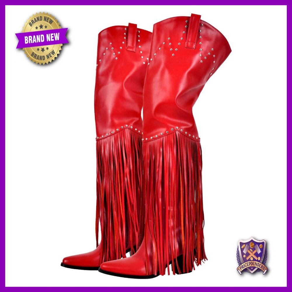 Fringe Tassel Thigh High Over Knee Western Cowboy Boots Wide Calf Stacked Heel